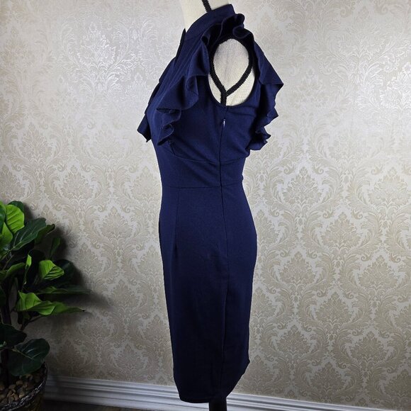Knitee Size Small Navy Blue Sheath Dress Ruffles at Shoulders Split V Neck NWT - Picture 7 of 16